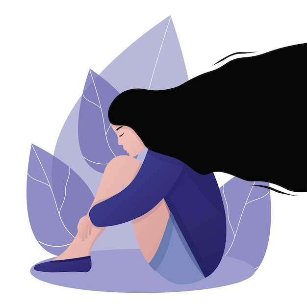 Plik wektorowy dziewczyna w depresji siedzi i przytula kolana smutna kobieca płaska ilustracja