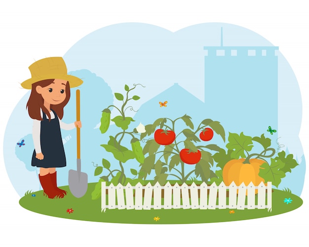 Plik wektorowy dziewczyna w gospodarstwie dbanie o warzywa.