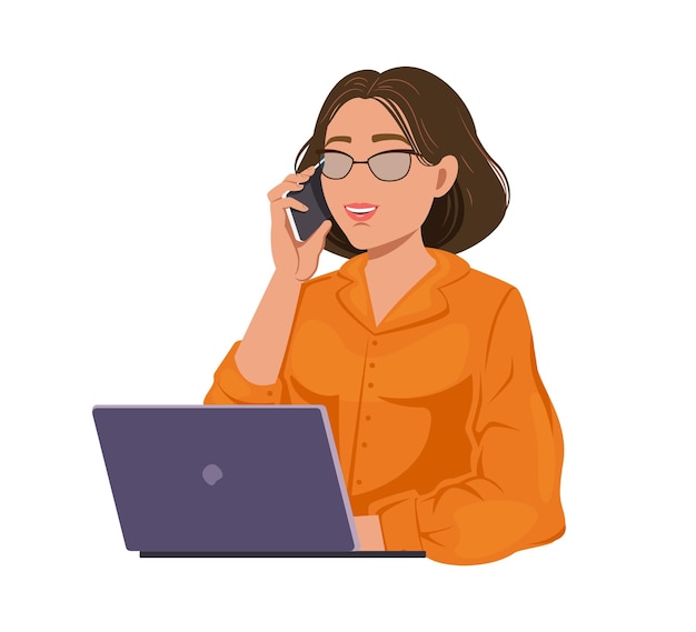 Plik wektorowy dziewczyna w pomarańczowej bluzce rozmawia przez telefon siedząc przy laptopie styl bez twarzy ilustracja wektorowa na białym tle