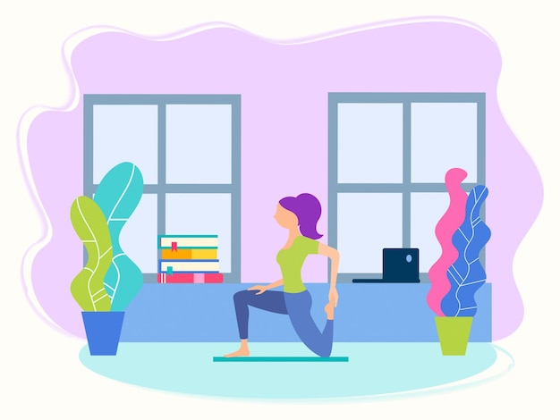 Dziewczyna w pozycji jogi w domu między nauką a pracą koncepcja jogi fitness ilustracja wektorowa