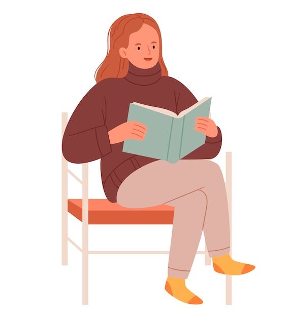Plik wektorowy dziewczyna w przytulnym swetrze czyta książkę na krześle