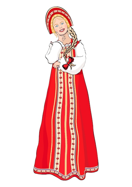 Plik wektorowy dziewczyna w rosyjskim stroju narodowym stojąca z przodu wektor rysunek portret kreskówka