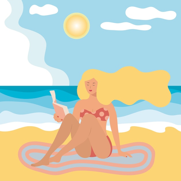Dziewczyna w stroju kąpielowym na plaży czyta książkę. Koncepcja lato, wakacje i plaża.