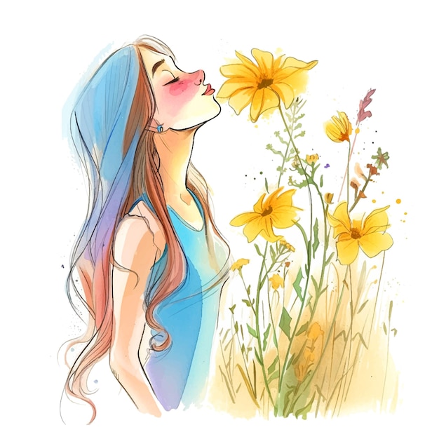 Dziewczyna Wąchająca Zapach Kwiatów Farby Akwarelowej