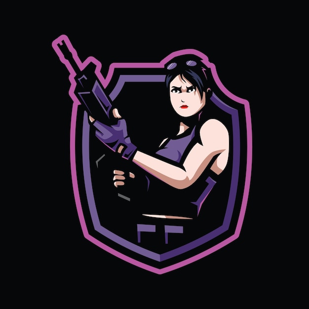 Plik wektorowy dziewczyna wojownik maskotka gaming esport logo kobieta trzymająca karabin w tarczy