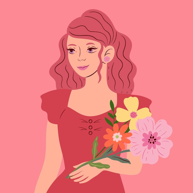Dziewczyna Z Bukietem Kwiatów Grafika Wektorowa