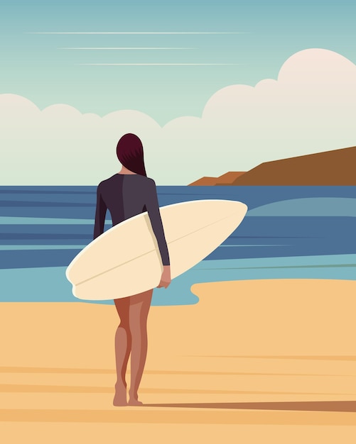 Plik wektorowy dziewczyna z deską surfingową stoi na piaszczystym brzegu oceanu seascape aktywny wypoczynek na oceanie