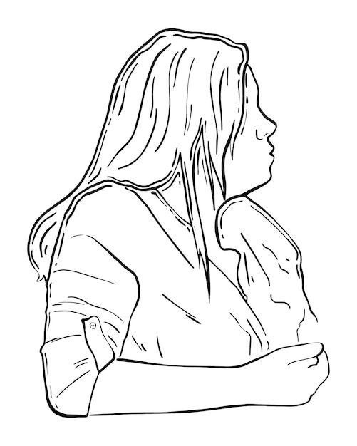 Dziewczyna Z Długimi Włosami W Koszuli Wygląda Na Bok Profil Doodle Linear