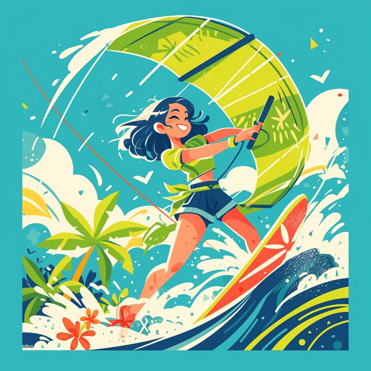 Wektor dziewczyna z lexington ćwiczy kiteland surfing w stylu kreskówek