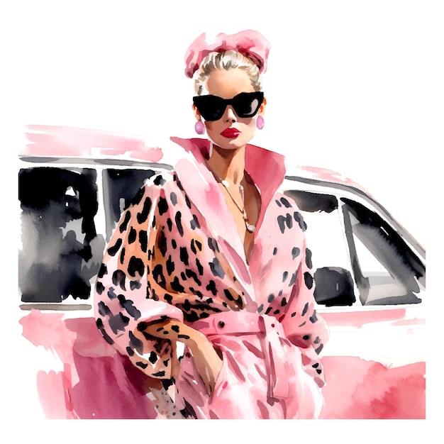 Plik wektorowy dziewczyna z modą na dzień kobiet w sukience z leopardowym nadrukiem i okularach przeciwsłonecznych stojąca obok różowych trendów stacji sztuki samochodowej