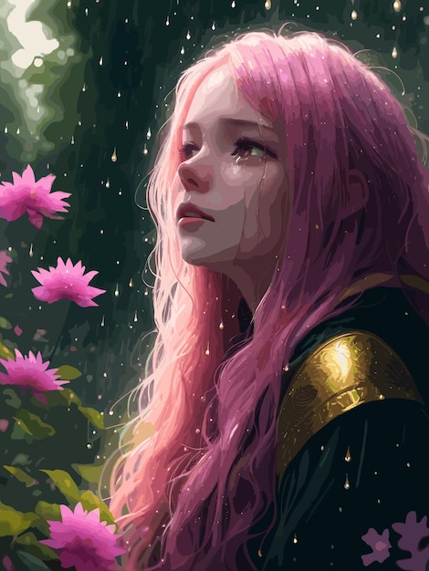 Plik wektorowy dziewczyna z różowymi włosami stoi w lesie z kwiatami.