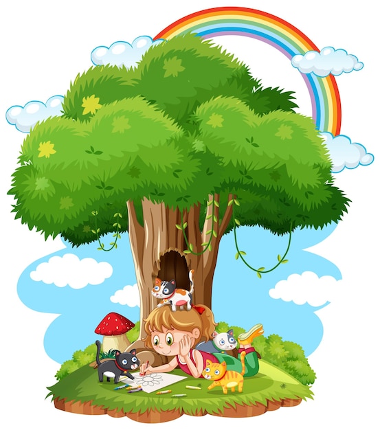 Plik wektorowy dziewczyna ze zwierzętami pod drzewem