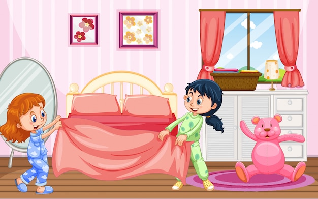 Dziewczyny W Piżamie Robią łóżko