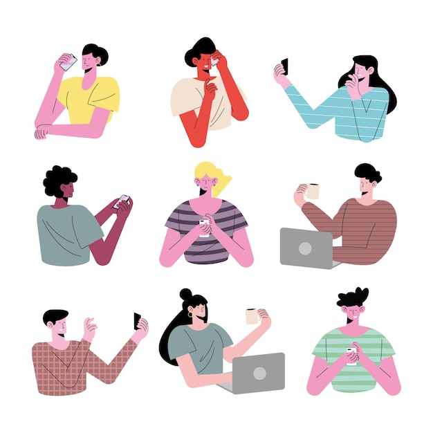 Dziewięć młodych osób noszących technologię awatarów ilustracji