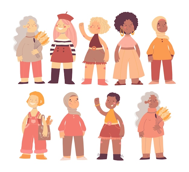 Dziewięć Różnych Kobiet Na Białym Tle. Ilustracje Mocy Dziewczyny