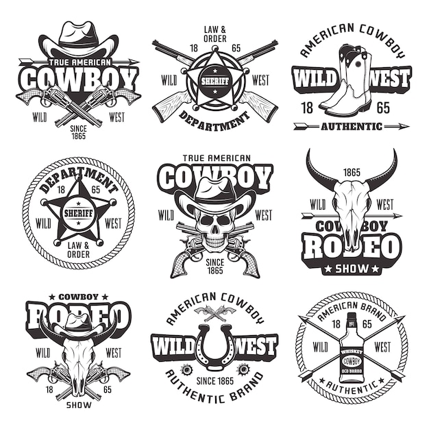 Dziki zachód, dział szeryfa, kowbojski pokaz rodeo zestaw wektorowych emblematów vintage