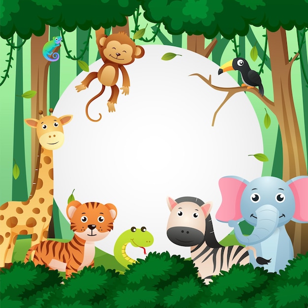 Plik wektorowy dzikich zwierząt w dżungli z okrągłym miejsca kopiowania dzieci styl vector