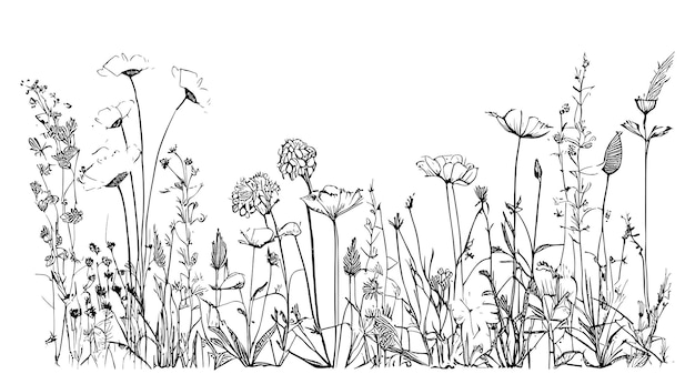 Dzikie kwiaty w polu ręcznie rysowane szkic ilustracji wektorowych