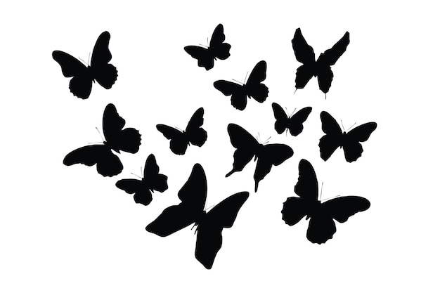 Dzikie motyle latające sylwetka scenografia Motyle sylwetka wektor kolekcja na białym tle Monarch stojący i siedzący Ćma i motyl czarno-biały sylwetka wektor pakiet