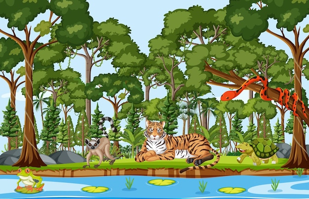 Plik wektorowy dzikie zwierzęta postaci z kreskówek na scenie leśnej