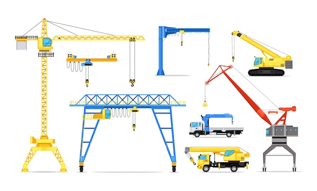 Dźwig samochodowy i zestaw maszyn przemysłowych z mechanizmem wieżowym. Pojazd podnoszący ładunki o dużej mocy i maszyna do ładowania ładunku z żurawiem i hakiem ilustracji wektorowych na białym tle