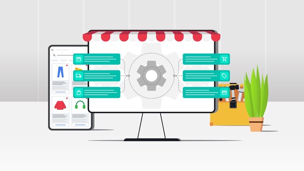 E-Commerce Multiple Service Web i mobilny e-commerce ilustracja wektorowa z szarym tłem