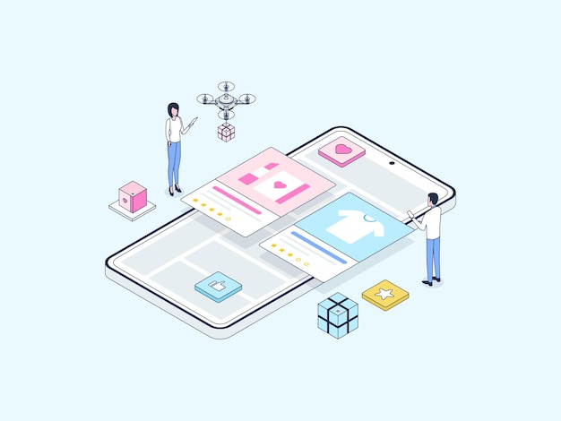 E-commerce Ocena izometryczny ilustracja kolor liniowy. Nadaje się do aplikacji mobilnych, stron internetowych, banerów, diagramów, infografik i innych zasobów graficznych.