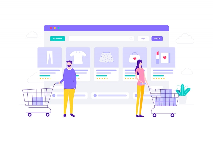Wektor e-commerce zakupy online ilustracja płaskie, odpowiednie dla banerów internetowych