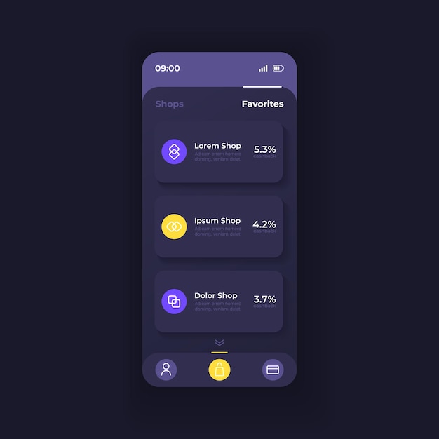 E zakupy szablon wektor interfejsu smartfona aplikacji. Układ ciemnego motywu strony aplikacji mobilnej. Ekran listy ulubionych sklepów internetowych. Płaski interfejs użytkownika do aplikacji. Ocena sklepów na wyświetlaczu telefonu