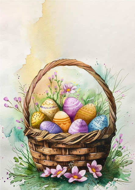 Plik wektorowy easter postcard watercolor easter basket filled with eggs and decorated with flowers happy easter