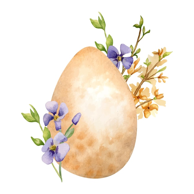 Plik wektorowy easter watercolor illustration with colorful egg and spring flowers isolated on white easter egg with primrose hand painted for easter design in neutral color yellow forsythia forgetmenot