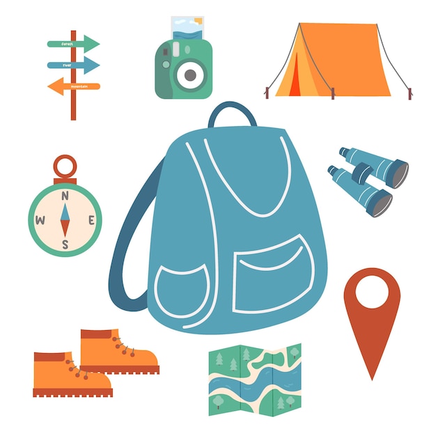 ecotravel set sprzęt kempingowy ilustracja wektorowa ekoturystyki