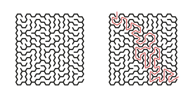Edukacja Labirynt Gra Logiczna Dla Dzieci. Znajdź Właściwą Drogę. Labirynt Na Białym Tle Prosty Sześciokąt Czarna Linia Na Białym Tle. Z Rozwiązaniem. Ilustracja Wektorowa.