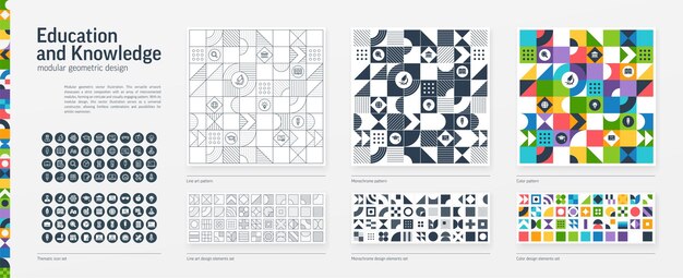 Plik wektorowy edukacja nauka modularny design geometryczny cienka linia czarno-biały i kolorowy styl wzór szkoła elementy graficzne zestaw akademia ikona książka uczenia się