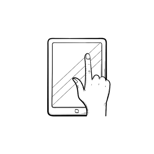 Edukacja online aplikacji ręcznie rysowane konspektu doodle ikona. Komputer typu Tablet z aplikacji edukacji online na ekranie wektor szkic ilustracji do druku, sieci web, mobile i infografiki.