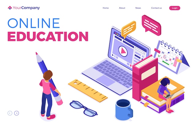 Edukacja online lub egzamin na odległość z izometrycznym kursem internetowym e-learningiem z domu chłopca i dziewczynki online na laptopie izometrycznej edukacji strona docelowa na białym tle ilustracji wektorowych