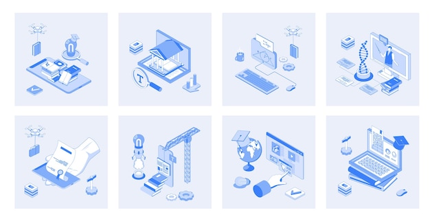 Edukacja online zestaw koncepcji izometrycznych z ikonami izometrycznymi projektowanie dla sieci Kolekcja wirtualnej biblioteki czytanie książek platforma e-learning lekcje wideo nauka uczenie się ilustracja wektorowa