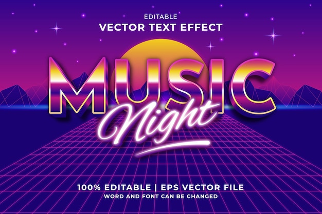 Edytowalny Efekt Tekstowy Music Night 3d 80s Styl Szablonu Wektor Premium