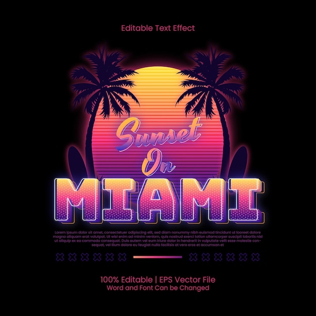 Edytowalny efekt tekstu - Projekt koszulki Sunset On Miami Apparel w stylu retro z lat 90.