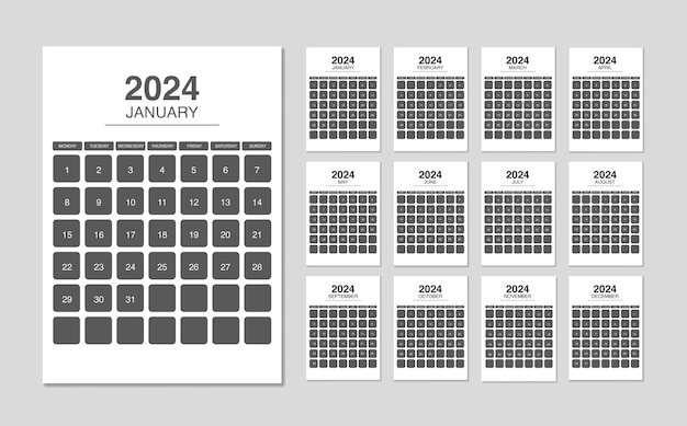 Plik wektorowy edytowalny projekt szablonu kalendarza na rok 2024