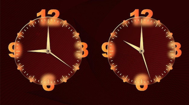 Plik wektorowy efekt glassmorphism zegar ustaw okrągły zegar w stylu 3d złota tarcza zegara i ręce do projektowania aplikacji mobilnych ikona biznesu nowoczesna koncepcja tło wskazanie czasu ilustracja wektorowa