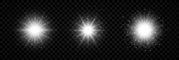 Efekt świetlny Flar Obiektywu Zestaw Trzech Białych świecących świateł Efektów Starburst Z Iskierkami Na Przezroczystym Tle Ilustracja Wektorowa