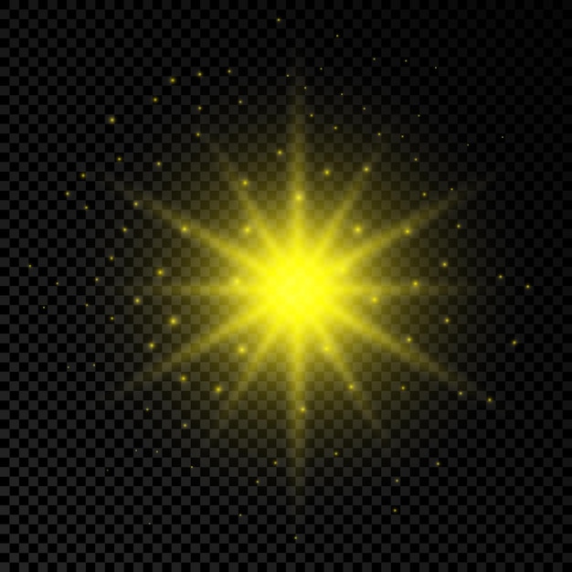 Efekt świetlny Flar Obiektywu. żółte świecące Efekty Starburst Z Iskierkami Na Przezroczystym Tle. Ilustracja Wektorowa