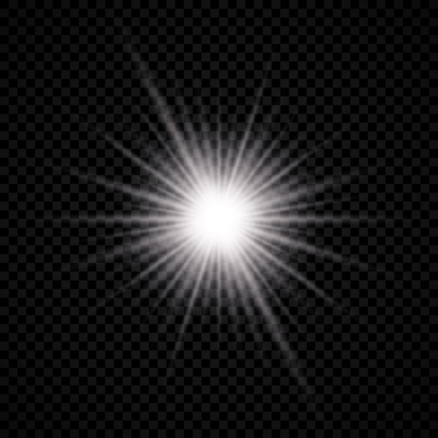 Efekt świetlny Flary Obiektywu. Białe, świecące światło Eksploduje Z Efektem Rozbłysku I Błyszczy Na Przezroczystym Tle. Ilustracja Wektorowa