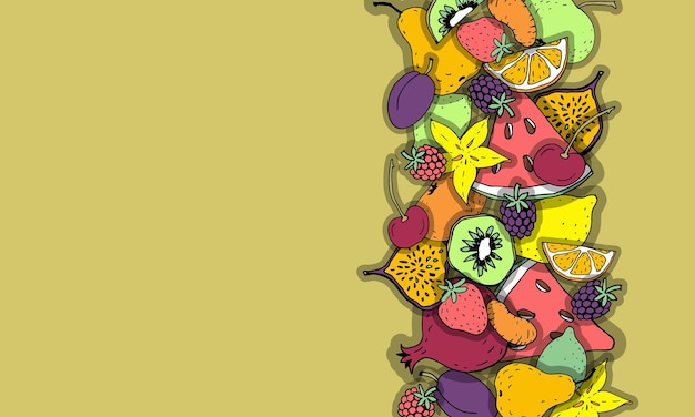 Plik wektorowy egzotyczne owoce kompozycja granica rysunek ręka rysunek kolorowy szkic zdrowy organiczna dieta wegańska rati...