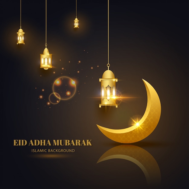 Eid Adha Mubarak Kartkę Z życzeniami Czarne Złoto Z Islamskim Wzorem Półksiężyca I Latarni