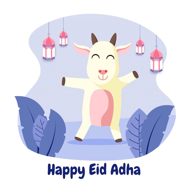 Eid Adha Mubarak Kartkę Z życzeniami Ze Szczęśliwą Płaską Ilustracją Kozy