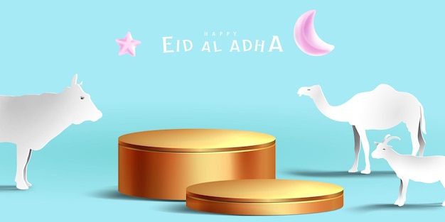 Plik wektorowy eid al adha islamska dekoracja wyświetlacz podium tło z kozą wielbłąd krowa księżyc i gwiazda prezentacja produktów dla ramadan kareem mawlid eid al fitr muharram