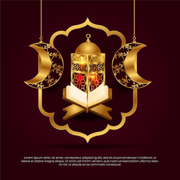 Eid al adha mubarak 3d islamska złota lampa księżyc i projekt wektora koranu