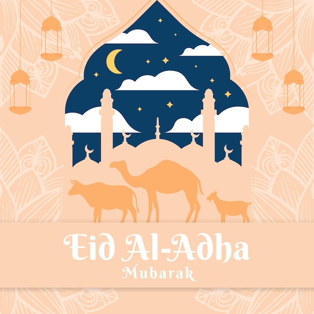 Eid Al Adha Mubarak Ilustracja W Płaskiej Konstrukcji
